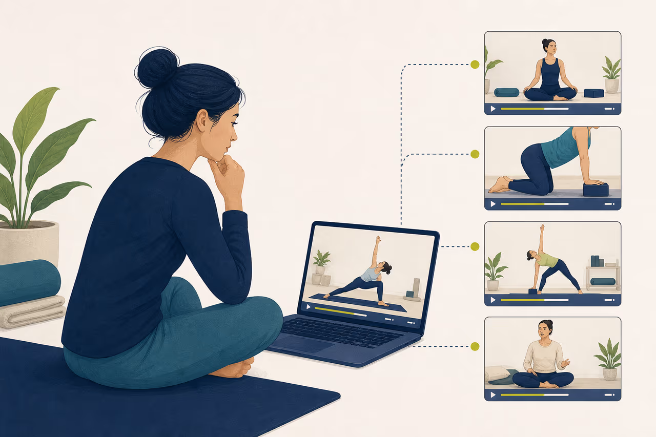 Editorial illustration about how to choose a beginner yoga video.