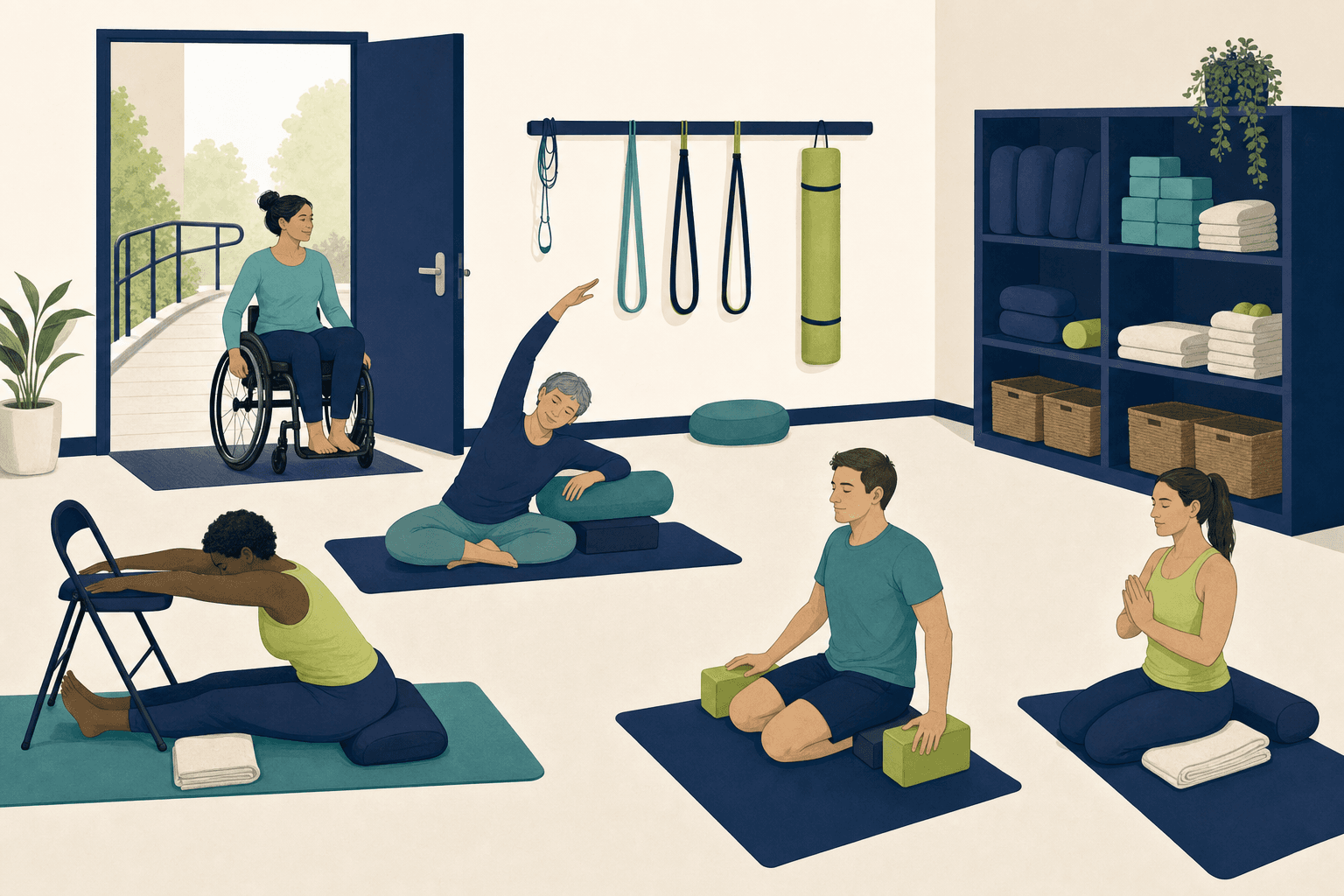 Editorial illustration about accessible yoga studio checklist.