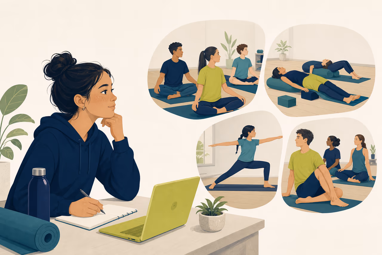 Editorial cover illustration about how teenagers can choose a beginner yoga class.