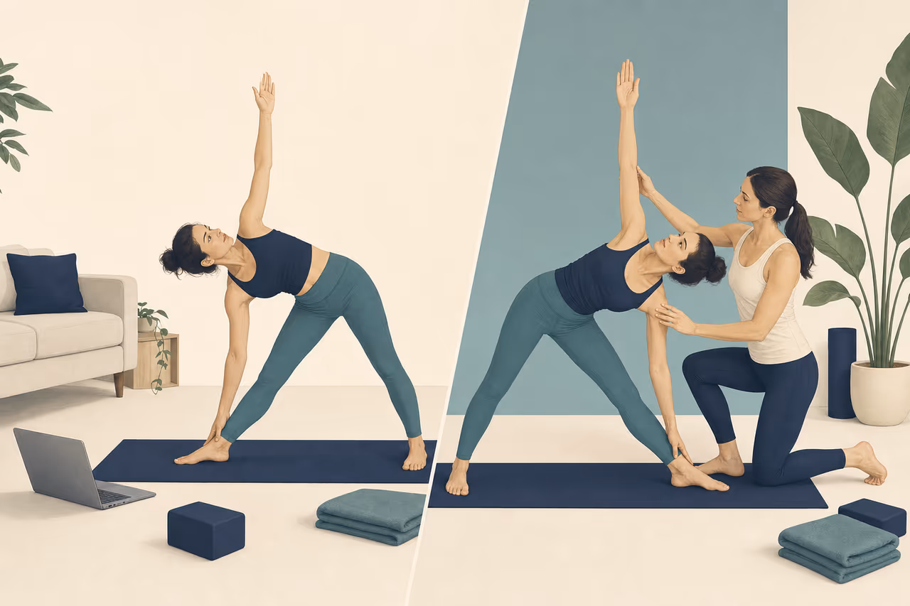 Editorial illustration about self guided yoga vs learning with a teacher.