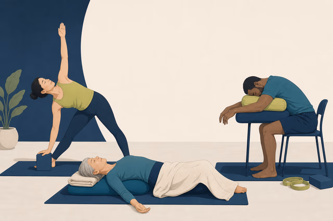 Editorial cover illustration about how yoga props support accessibility.
