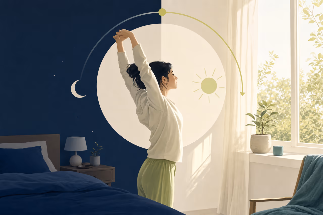 Editorial illustration about morning light and the sleep wake routine.