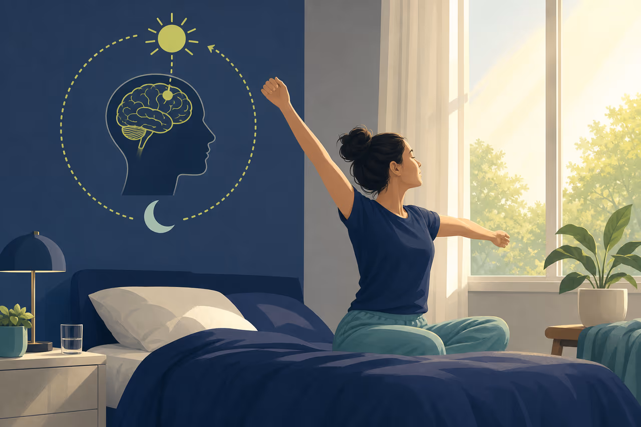 Editorial cover illustration about morning light and the sleep wake routine.