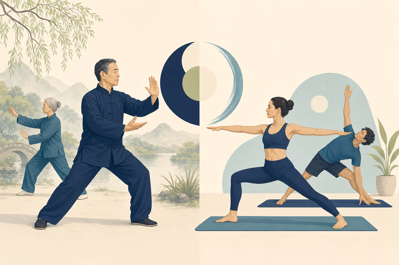 Editorial illustration about tai chi vs yoga.