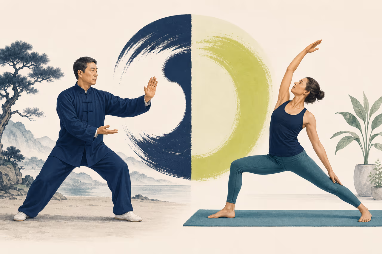 Editorial cover illustration about tai chi vs yoga.