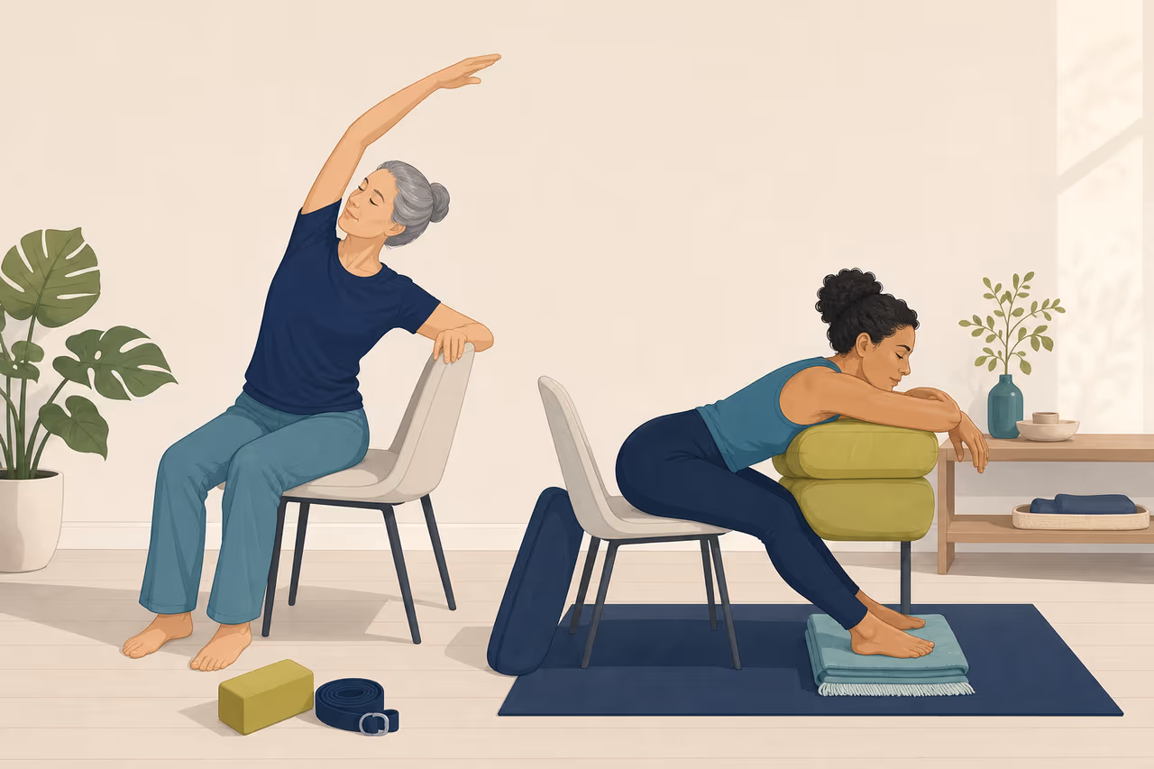 Editorial illustration about how to choose yoga when floor access is difficult.