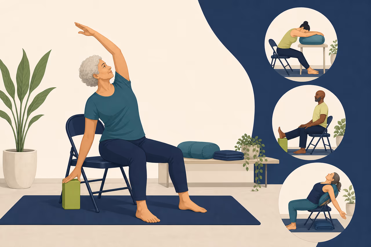 Editorial cover illustration about how to choose yoga when floor access is difficult.