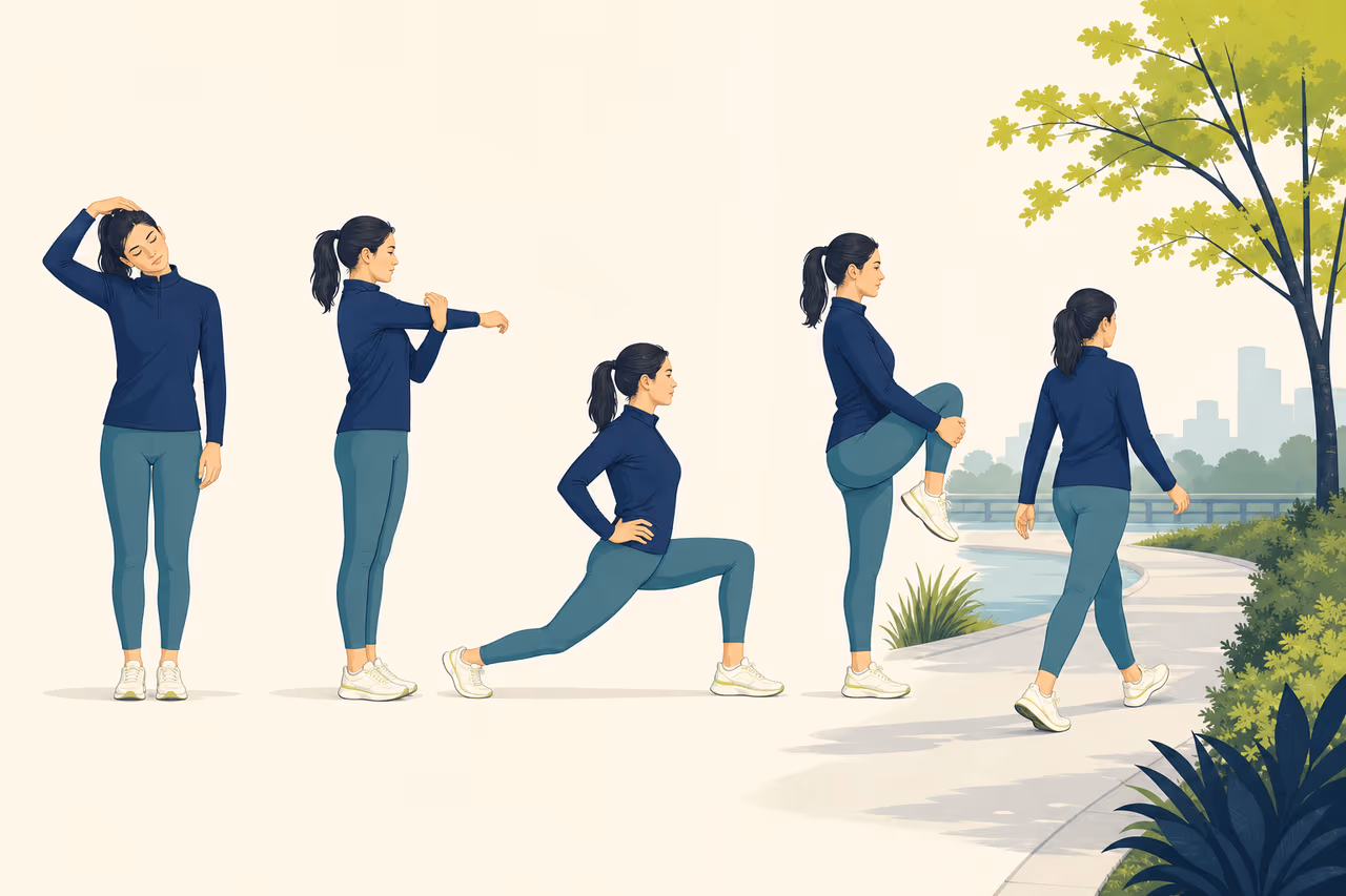 Editorial illustration about how to warm up for a walk.