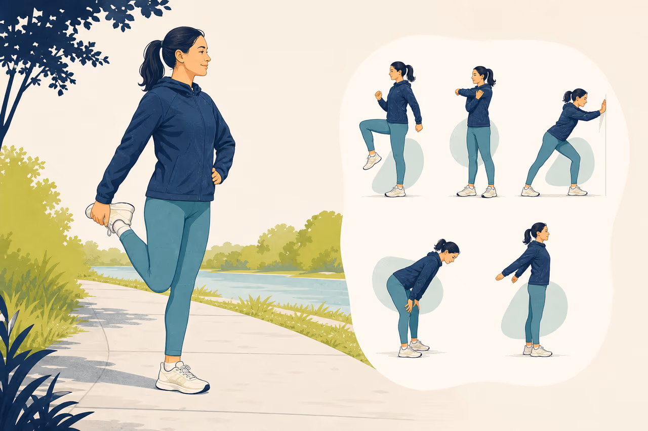 Editorial cover illustration about how to warm up for a walk.