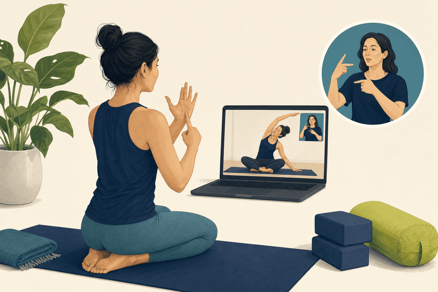 Editorial illustration about online yoga accessibility for deaf students.