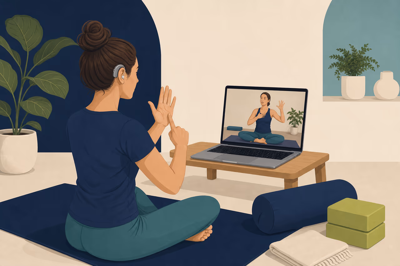 Editorial cover illustration about online yoga accessibility for deaf students.