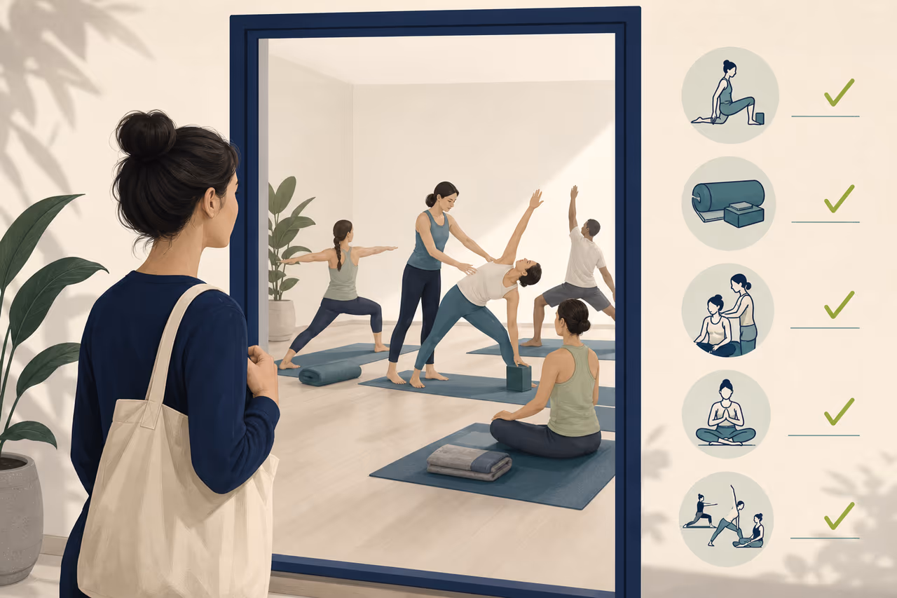 Editorial illustration about how to tell if a yoga class is beginner friendly.