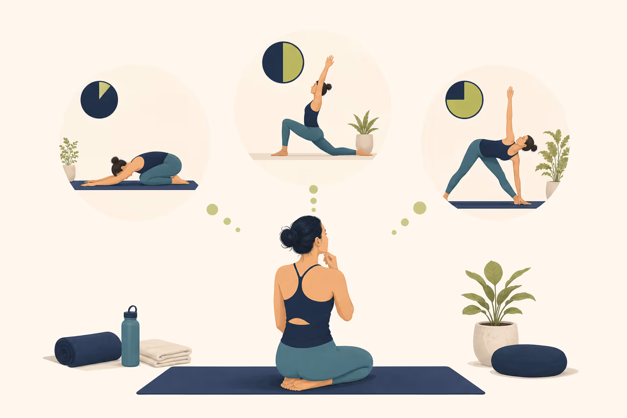 Editorial illustration about how to choose the right yoga session length.