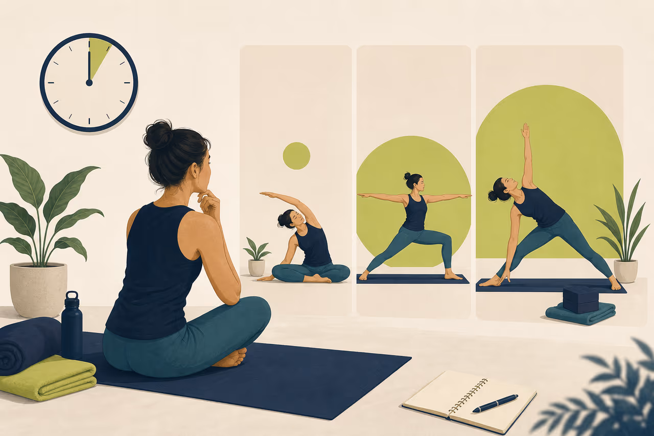 Editorial cover illustration about how to choose the right yoga session length.