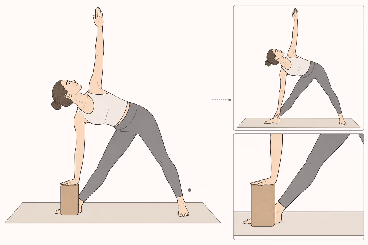 Line illustration demonstrating a yoga block being used to modify reach in a stretch.