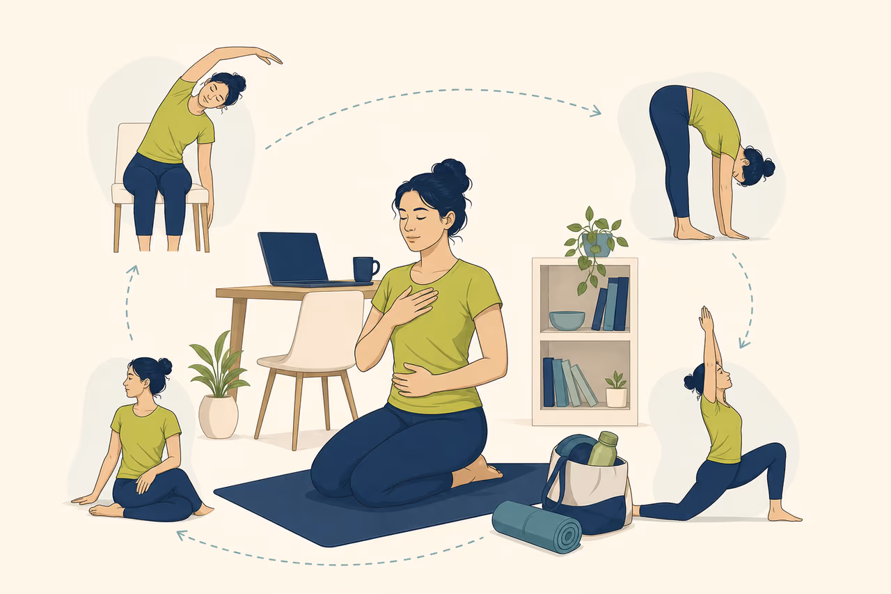Editorial illustration about five minute yoga on busy days.