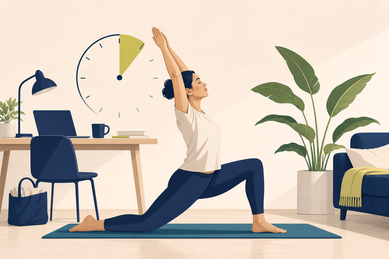 Editorial cover illustration about five minute yoga on busy days.
