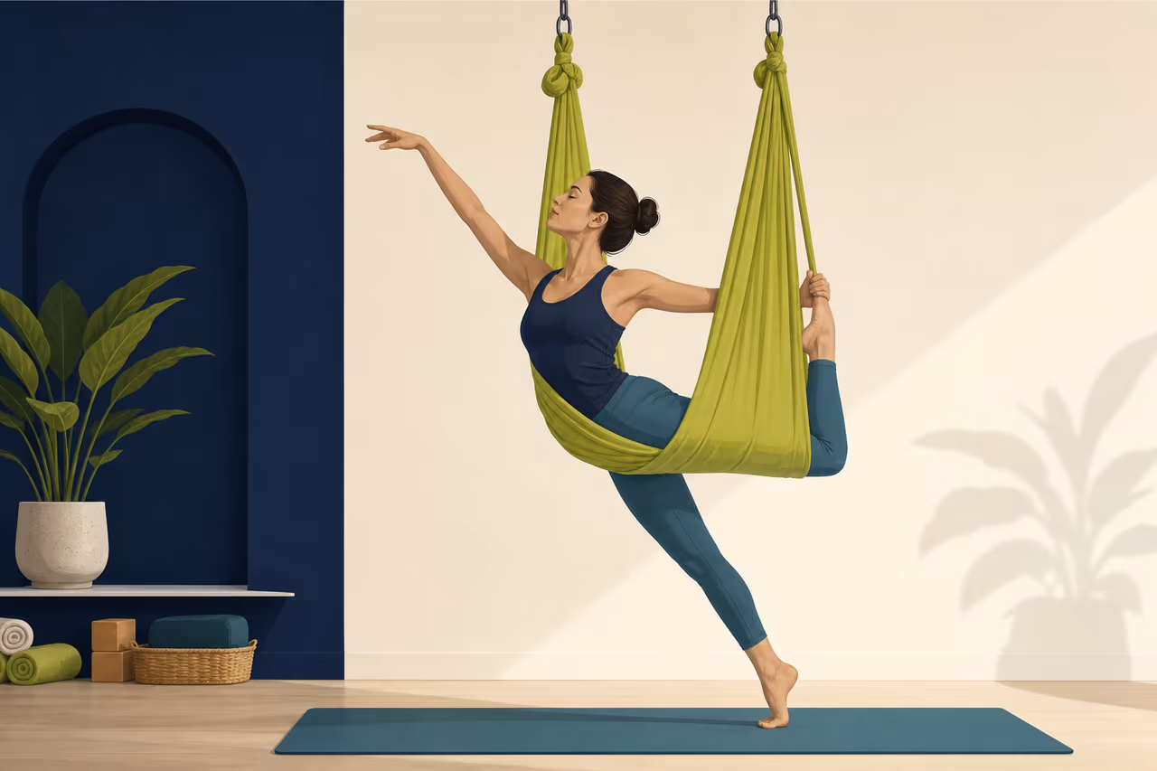 Editorial cover illustration about what is aerial yoga.