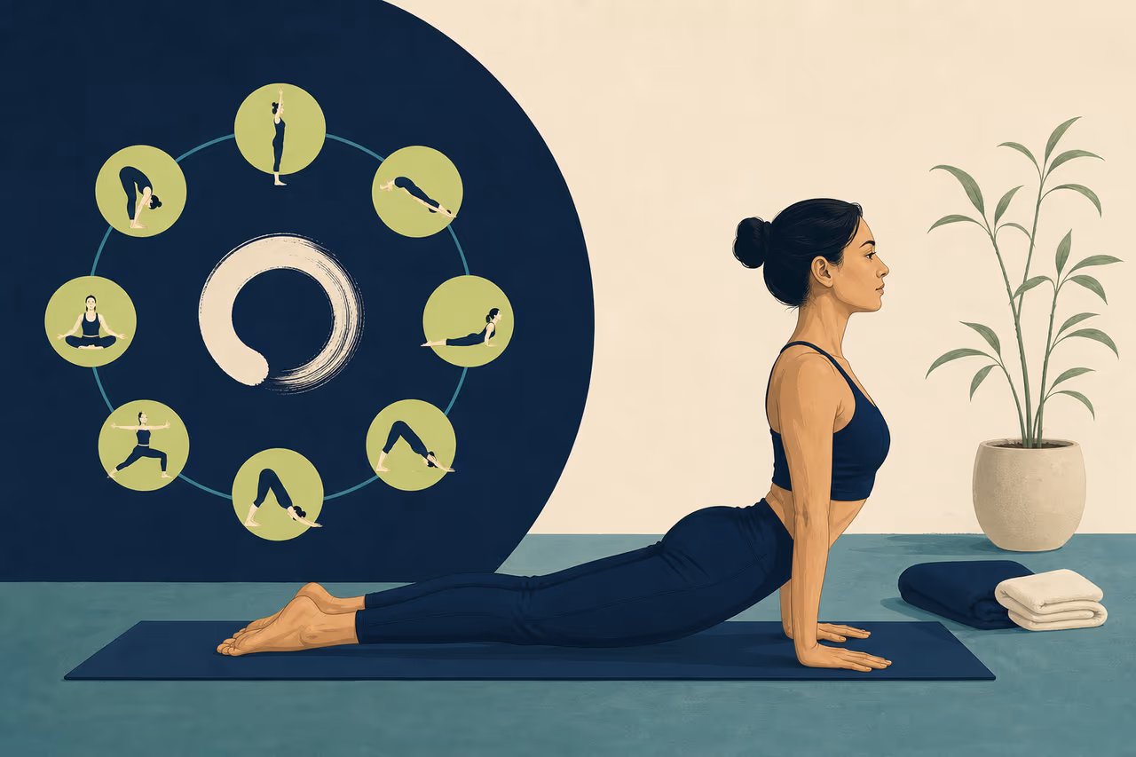 Editorial cover illustration about what is Ashtanga yoga.