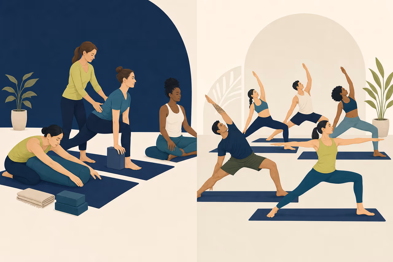 Editorial illustration about beginner vs all levels yoga classes.