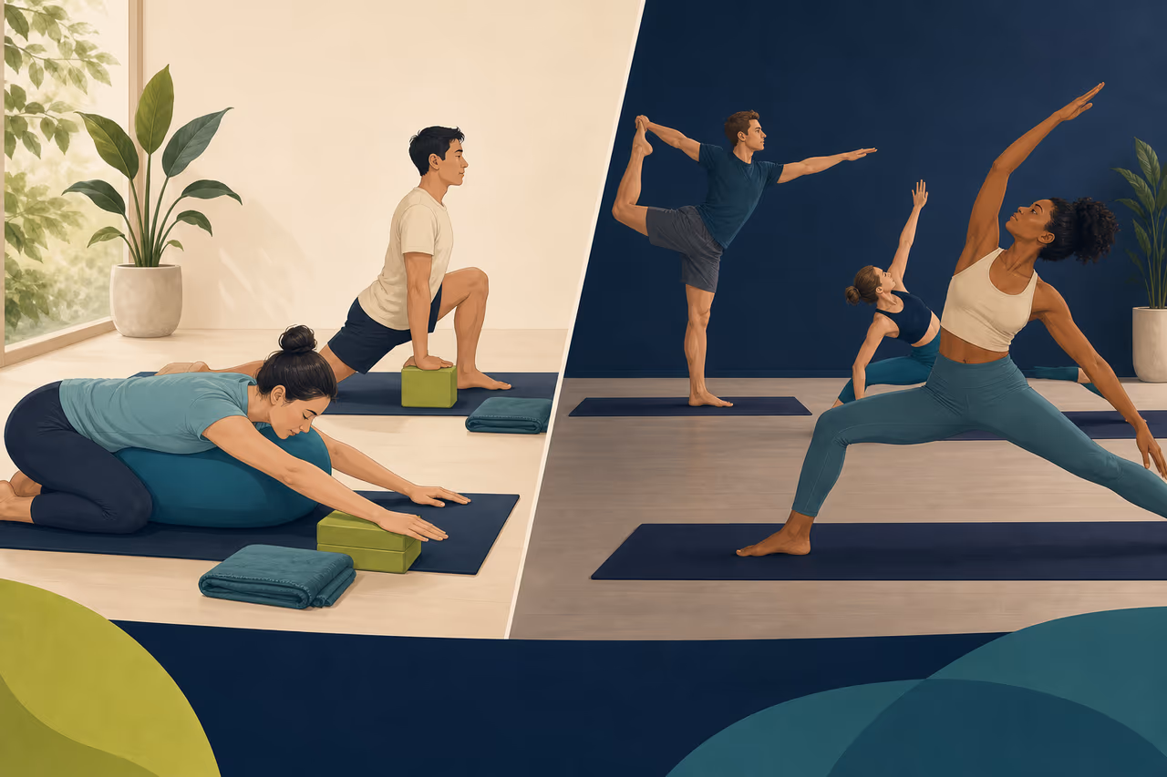 Editorial cover illustration about beginner vs all levels yoga classes.
