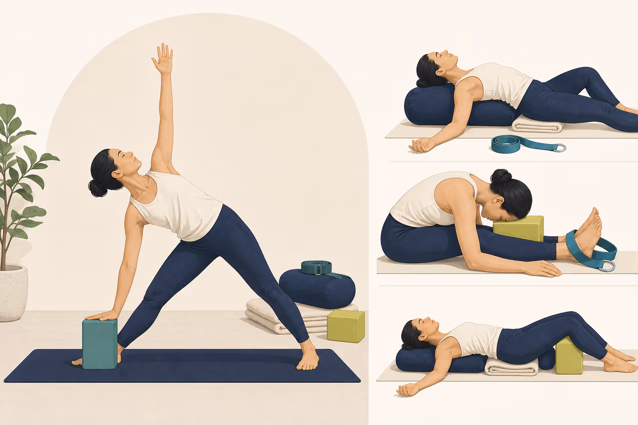 Editorial illustration about why yoga teachers use blocks straps and bolsters.