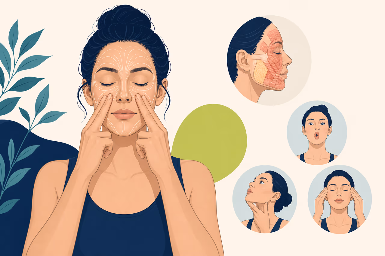 Editorial illustration about face yoga claims and evidence.