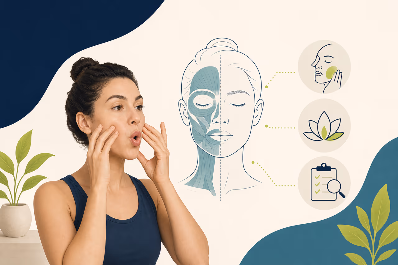 Editorial cover illustration about face yoga claims and evidence.