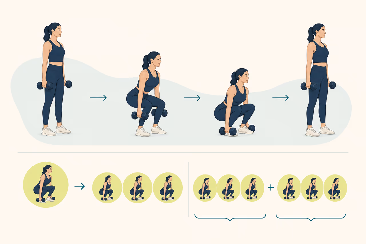 Editorial illustration about sets and reps explained for beginners.