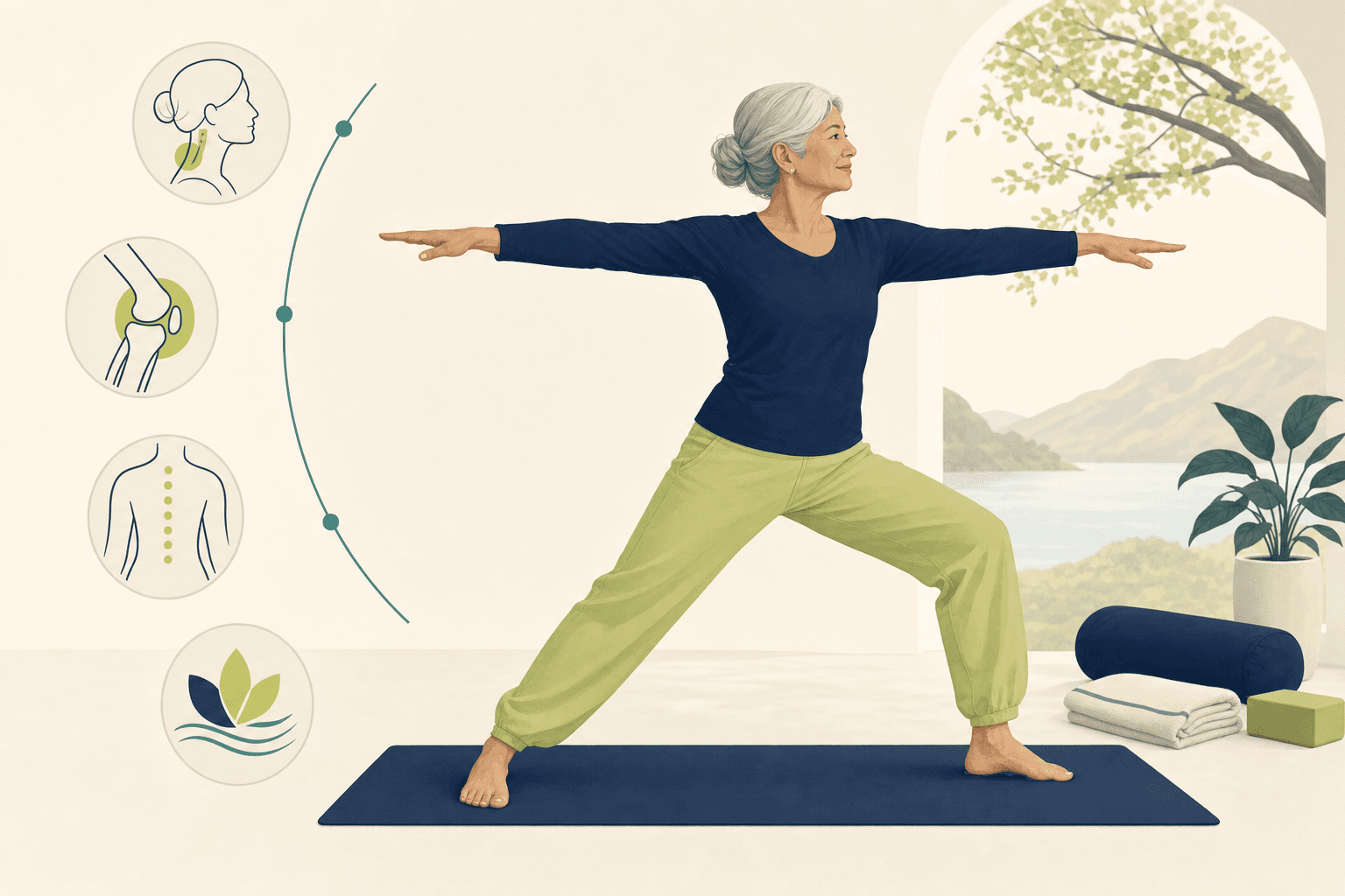 Editorial illustration about yoga for healthy ageing.