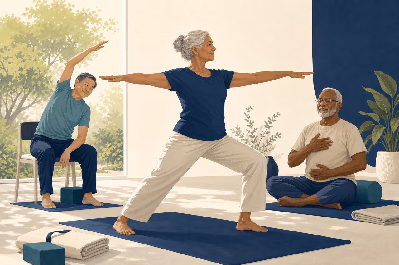 Editorial cover illustration about yoga for healthy ageing.