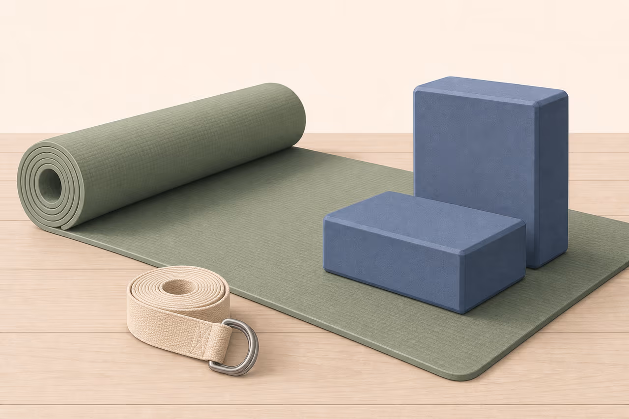 Diagram showing common beginner yoga props including a mat, blocks, and a strap.