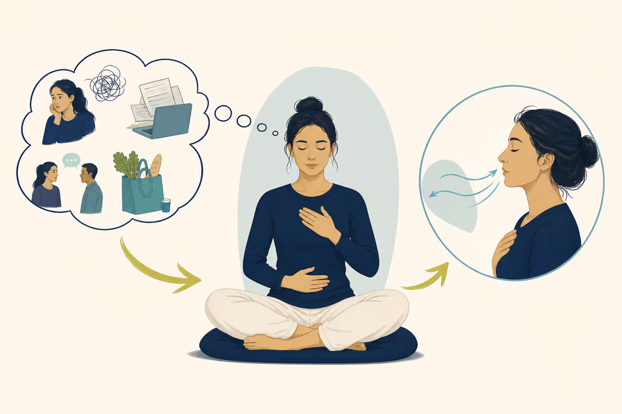 Editorial illustration about what to do when your mind wanders in meditation.