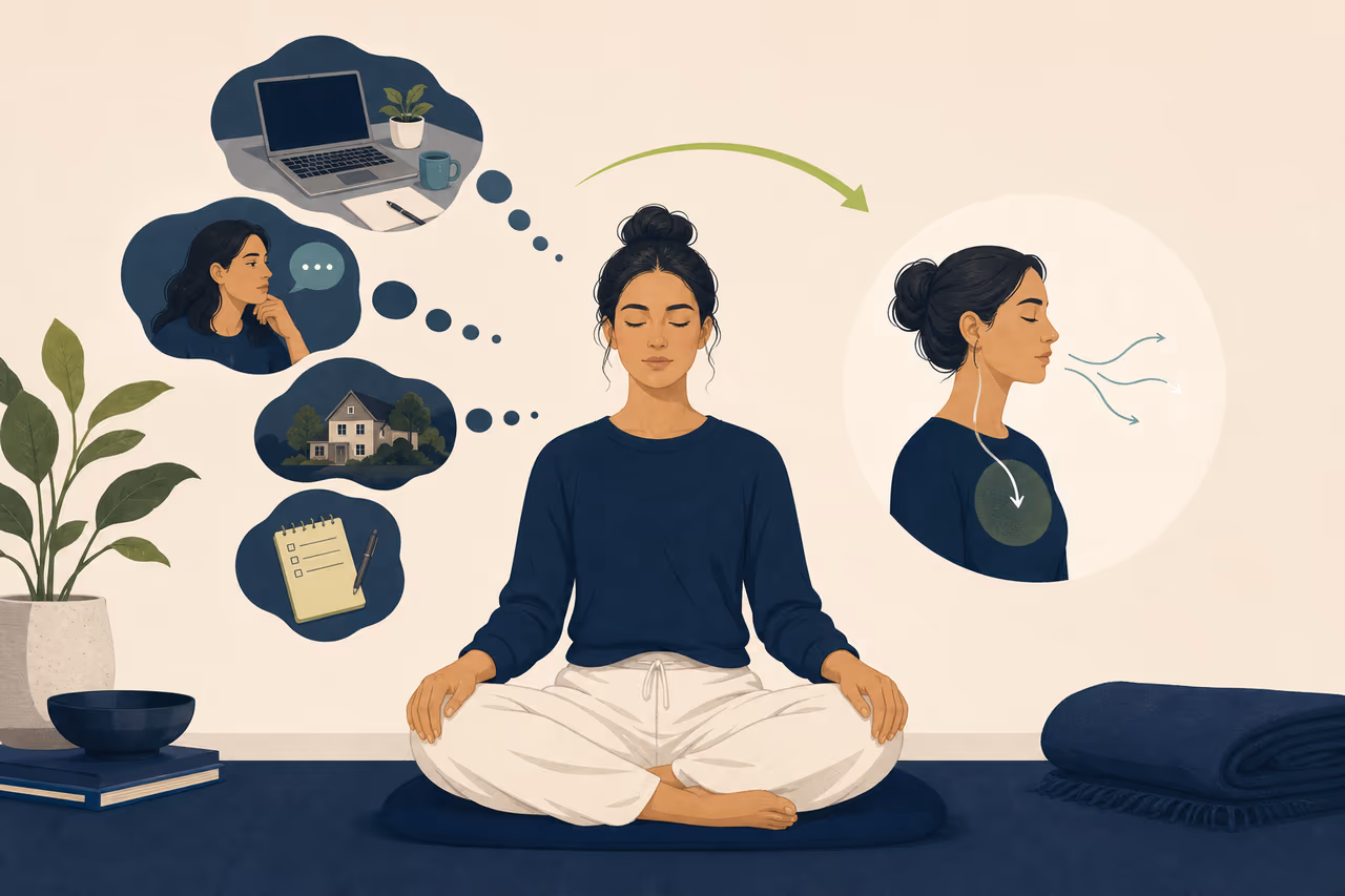 Editorial cover illustration about what to do when your mind wanders in meditation.