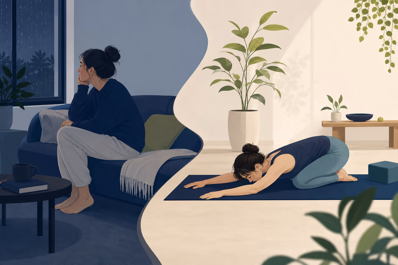 Editorial illustration about how to restart yoga after missing a week.