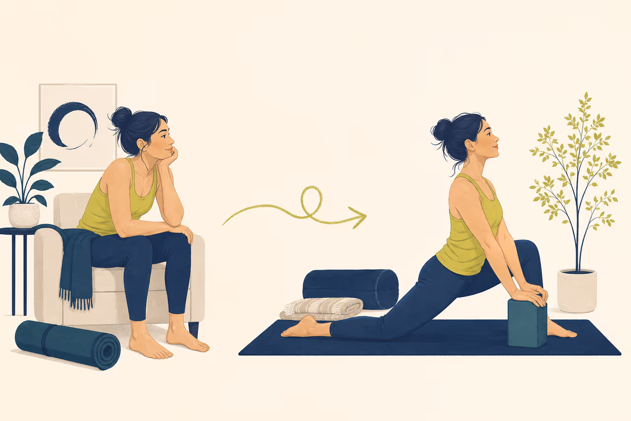Editorial cover illustration about how to restart yoga after missing a week.
