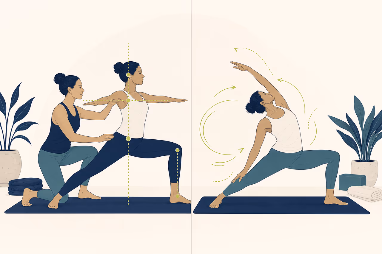 Editorial illustration about alignment vs exploration in yoga teaching.