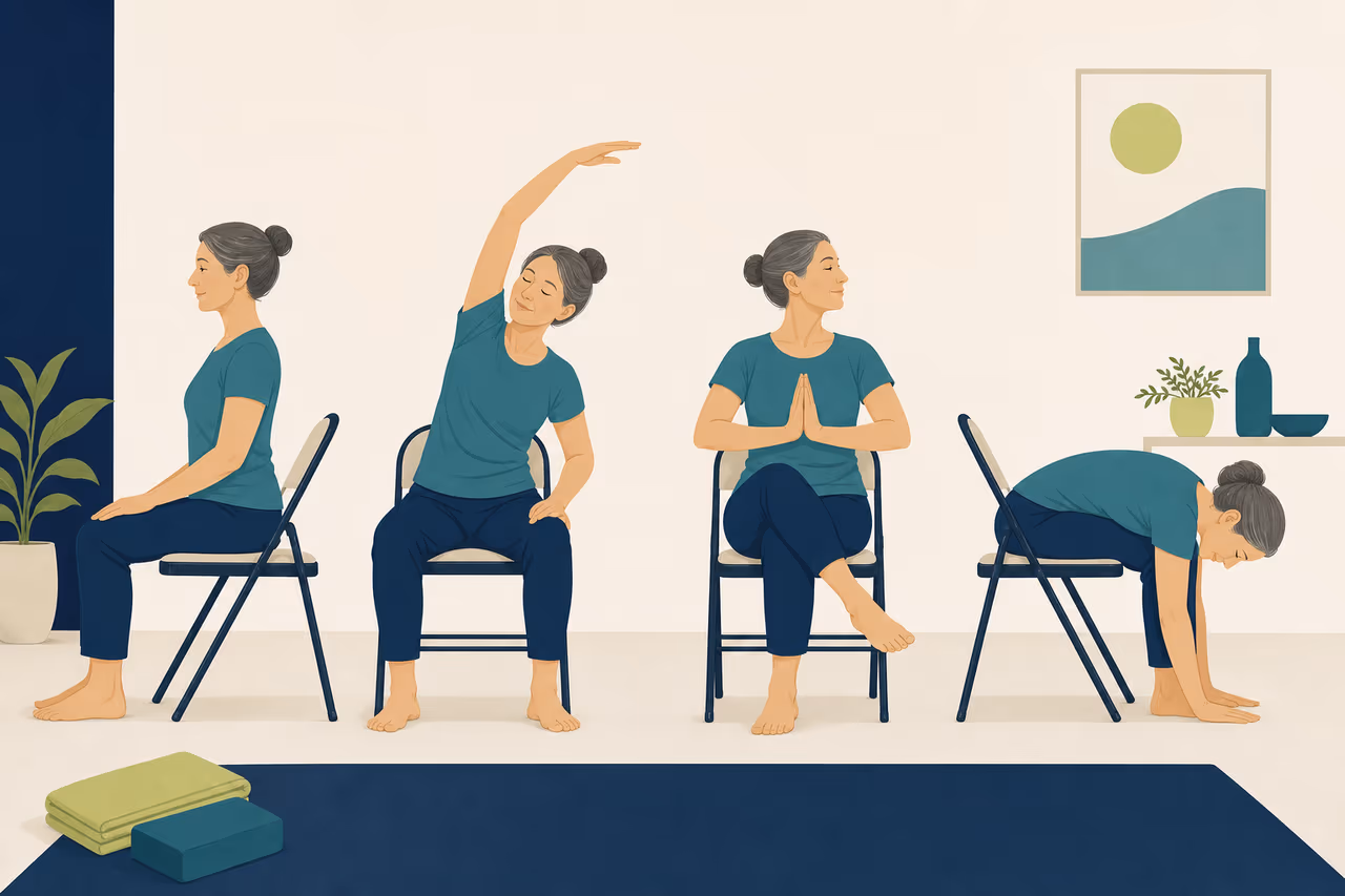 Editorial illustration about chair yoga for beginners.