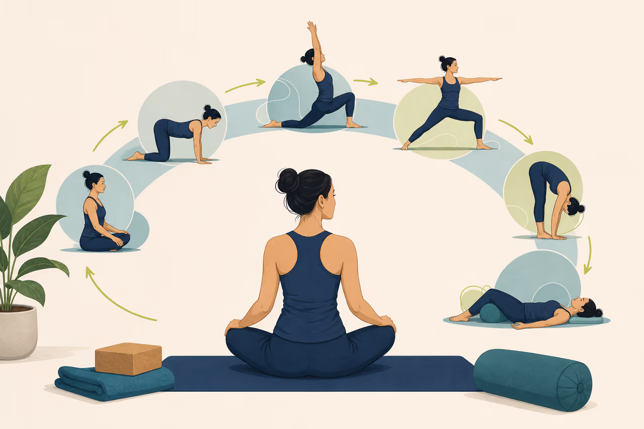 Editorial cover illustration about how yoga class sequences are structured.
