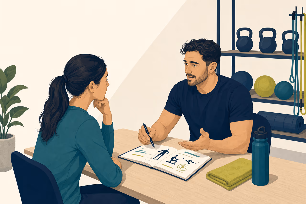 Editorial illustration about how to choose a personal trainer.