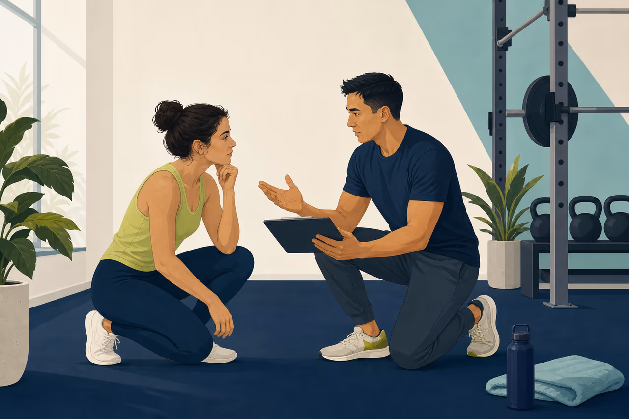 Editorial cover illustration about how to choose a personal trainer.