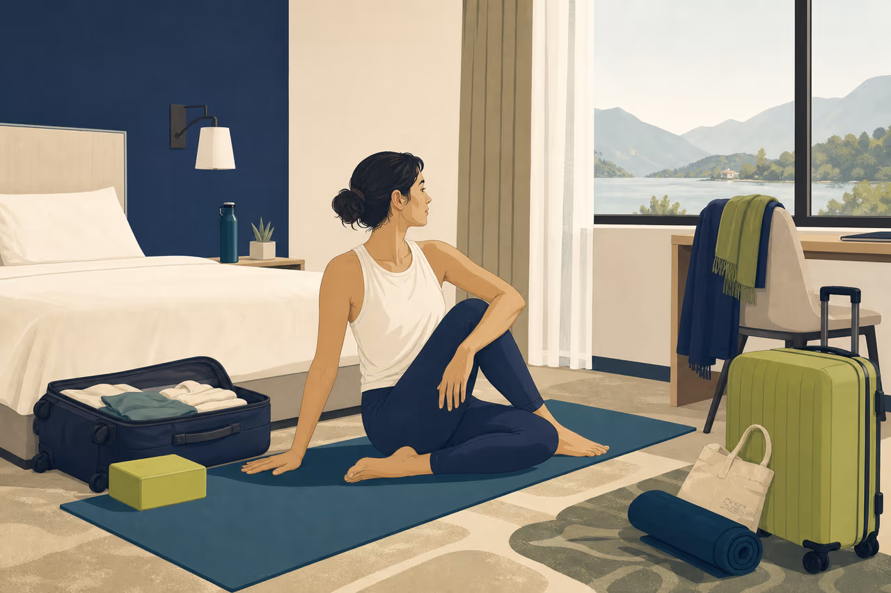 Editorial illustration about how to keep practising yoga while travelling.