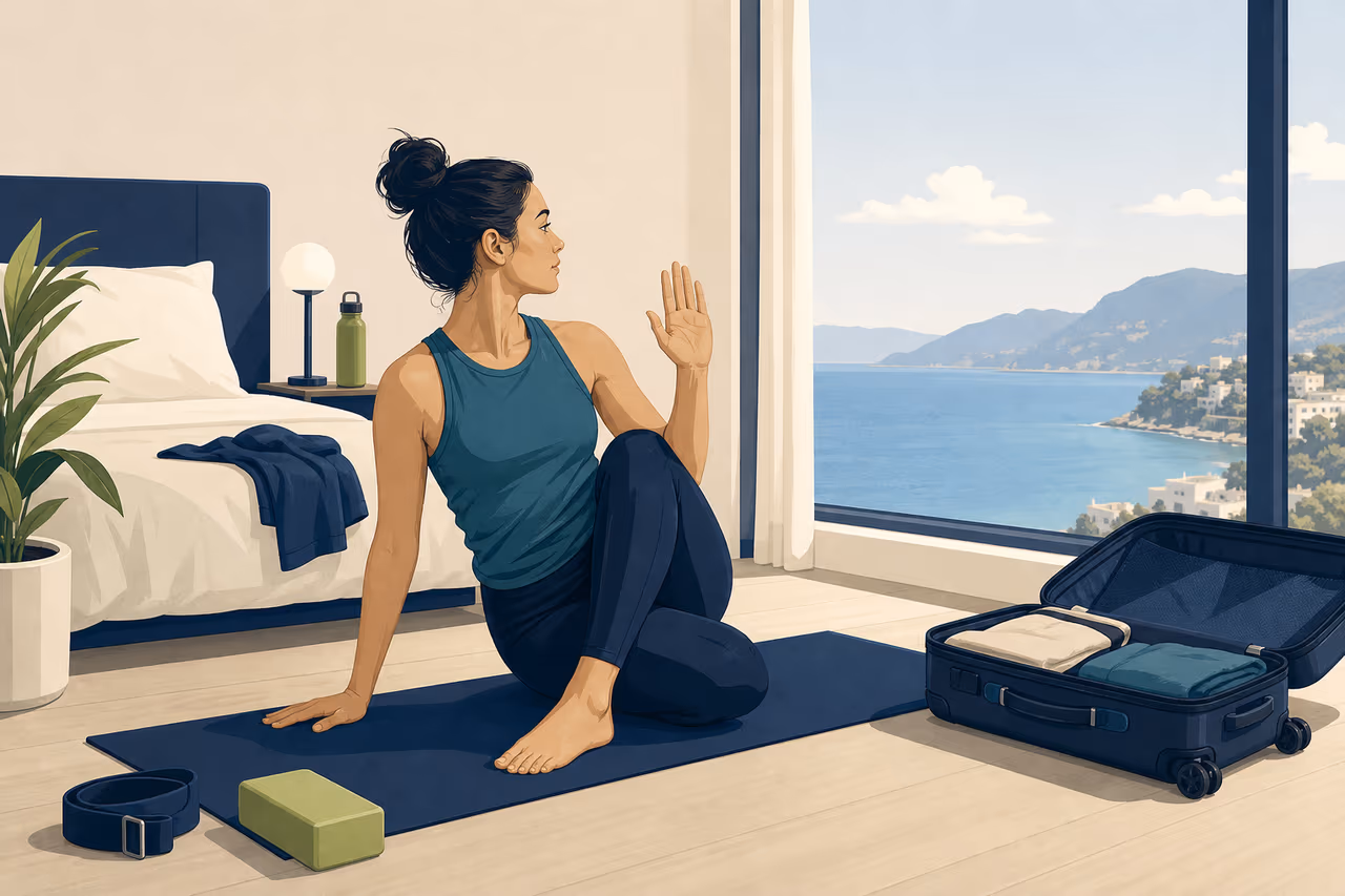 Editorial cover illustration about how to keep practising yoga while travelling.