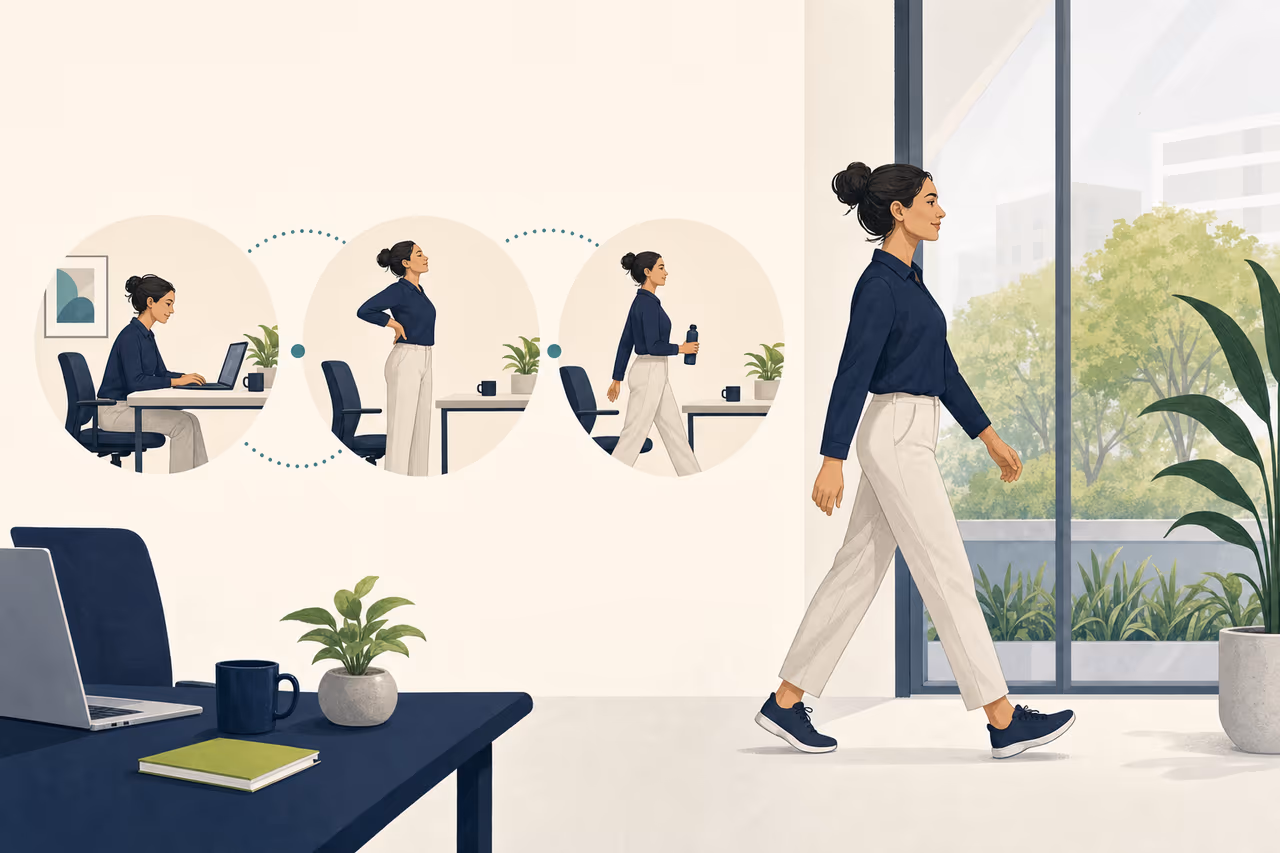 Editorial illustration about how to use walking breaks during the workday.