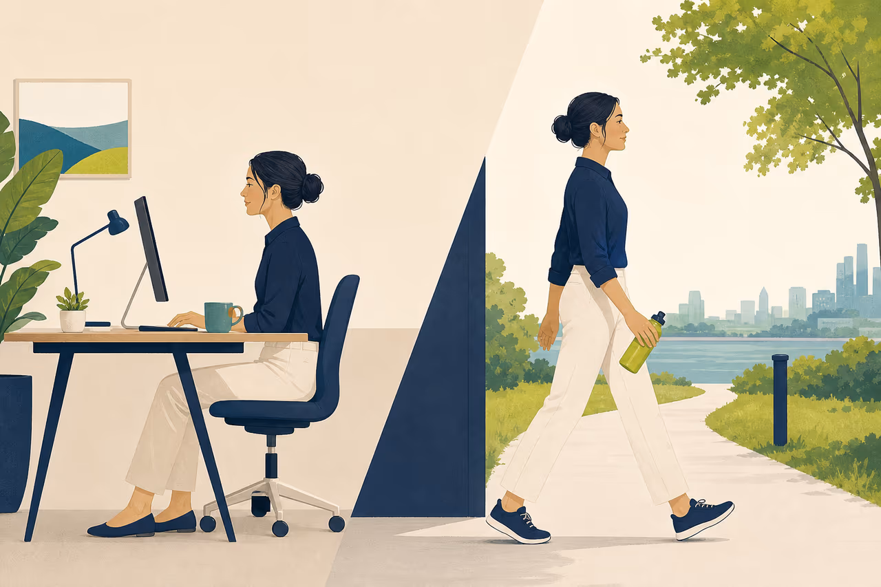 Editorial cover illustration about how to use walking breaks during the workday.