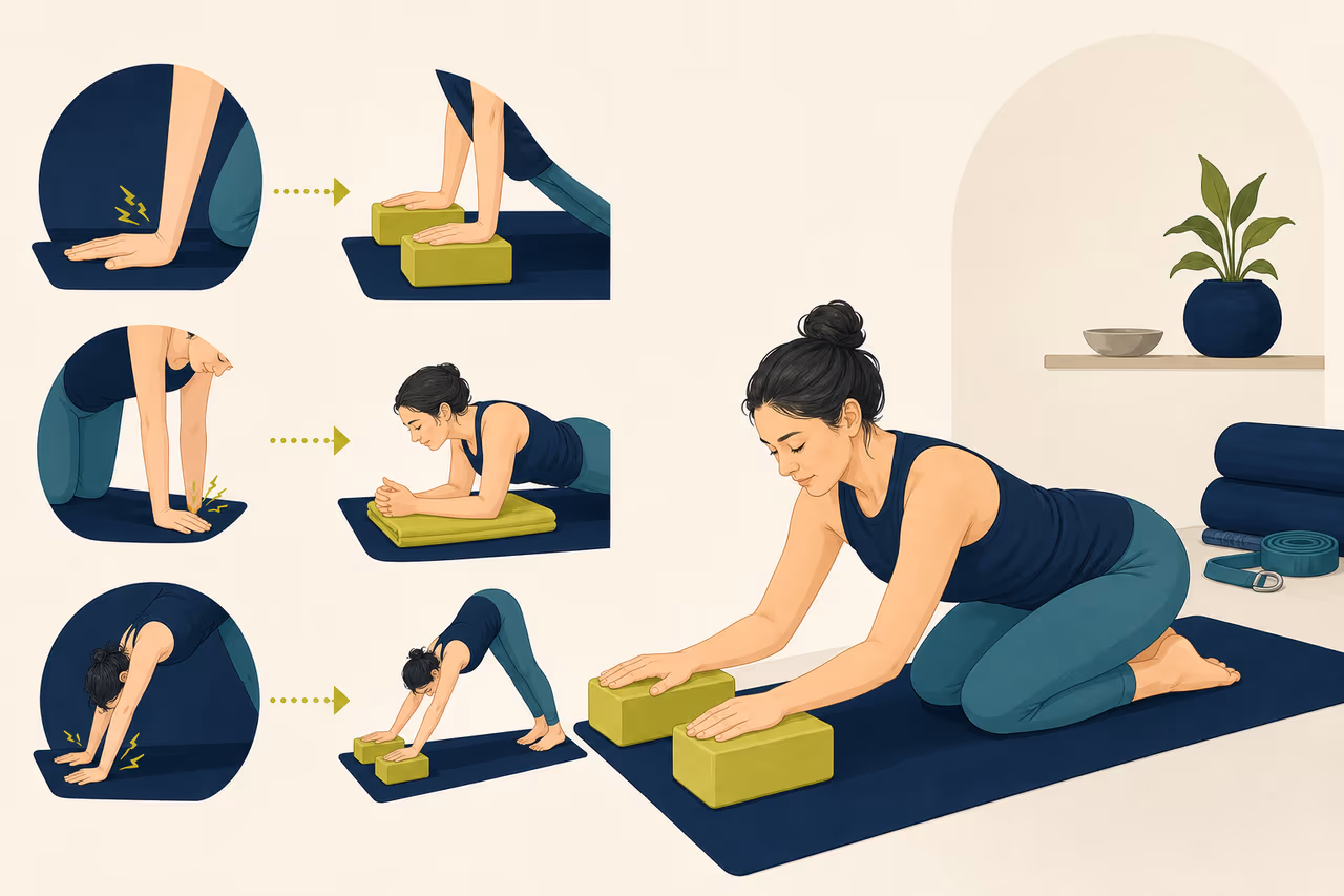 Editorial illustration about wrist sensitive yoga class options.