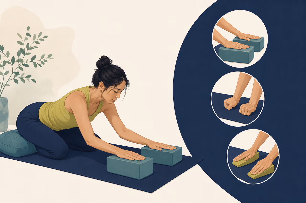 Editorial cover illustration about wrist sensitive yoga class options.