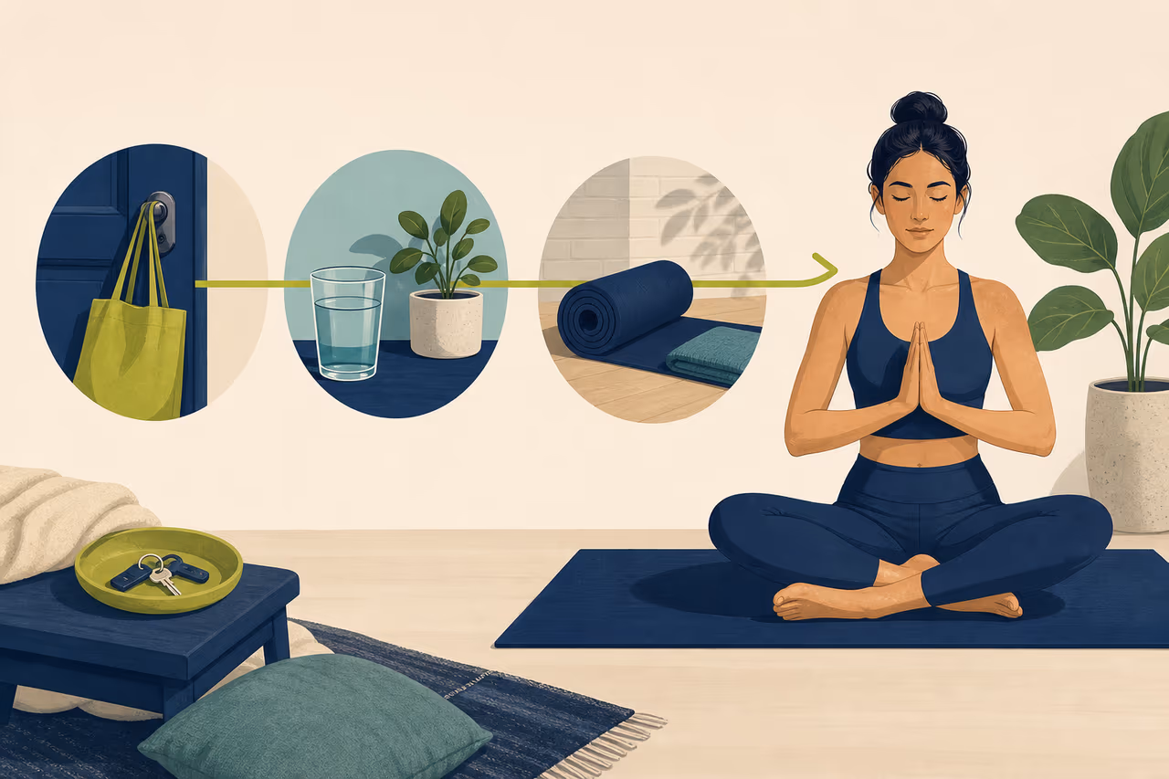 Editorial cover illustration about habit stacking for a yoga practice.