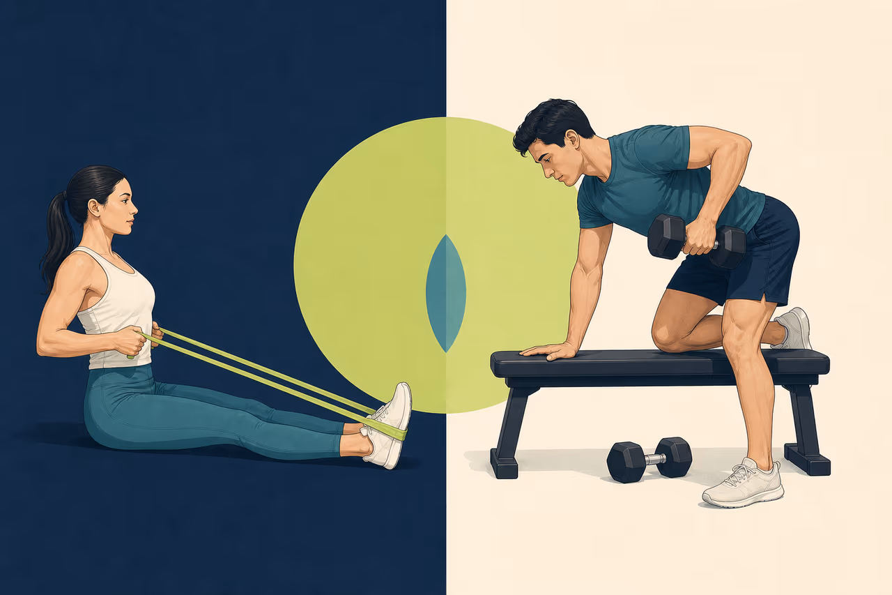 Editorial cover illustration about resistance bands vs dumbbells for beginners.