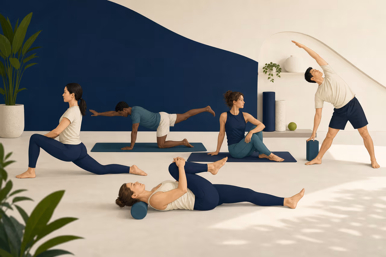 Editorial cover illustration about what a full body mobility class includes.